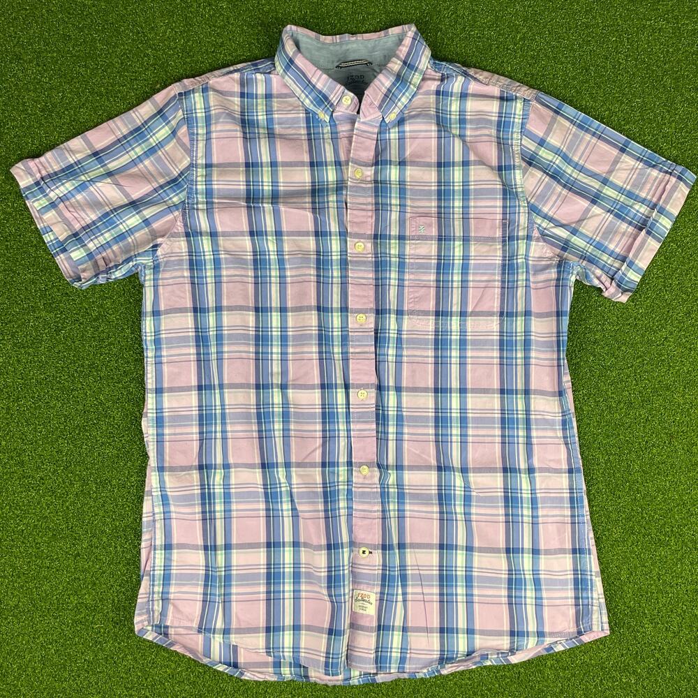 Y2K Izod Saltwater Mens Pink Madras Plaid Short Sleeve Button Down Shirt Sz L